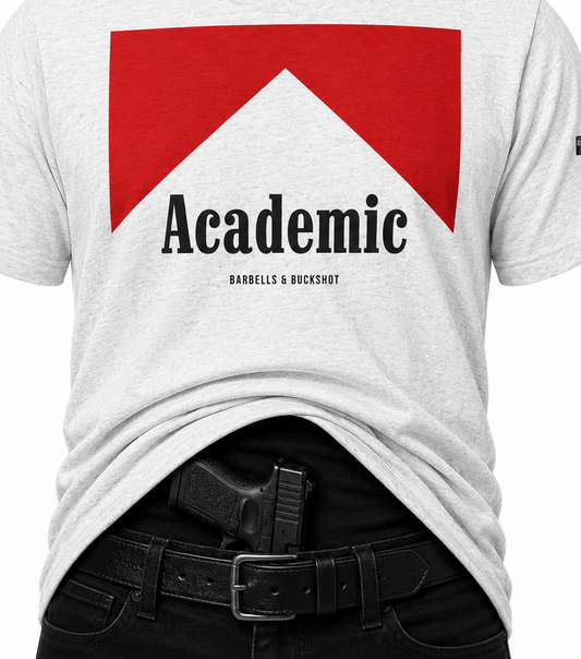 white t-shirt with red and white design and 'Academic' text on a white background