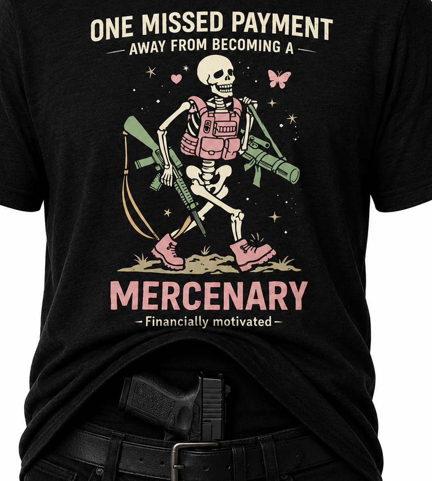 Black t-shirt with a skeleton graphic and text on a white background